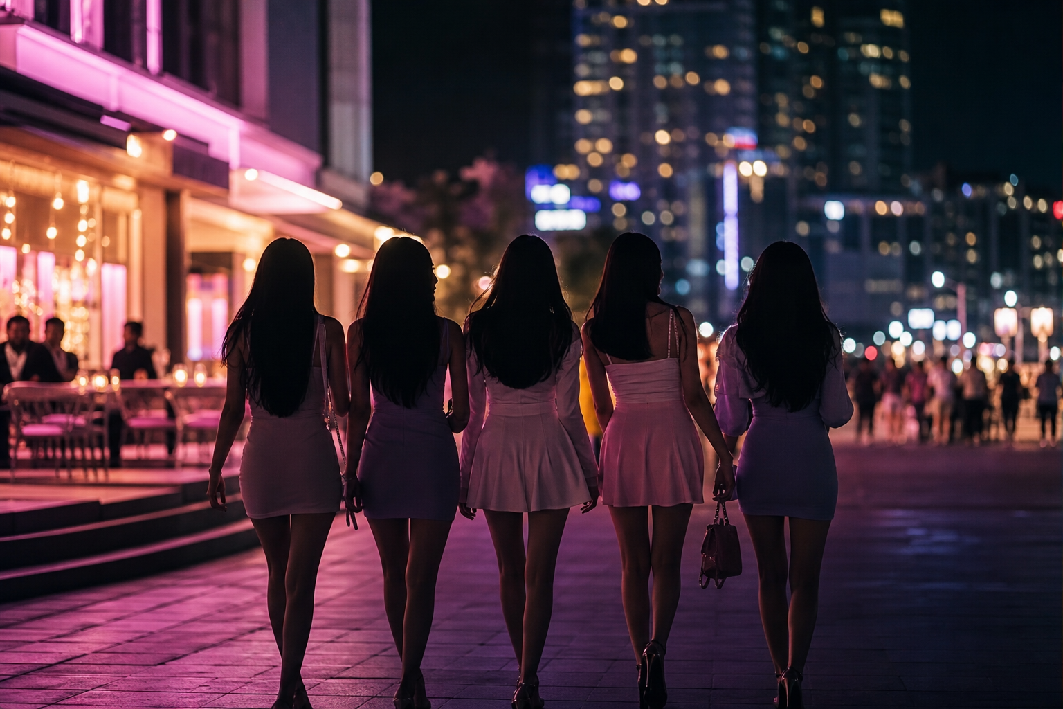 해운대 야경 속 여성 일행 밤 외출 분위기